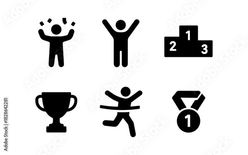 Celebration and achievement stick figures with trophies and medals in minimalist design