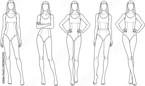 Collection of Five Female Model Croquis Templates for Fashion Design, Different Poses Outline Set, Proportionate Figure for Technical Apparel Sketching, Body Template Vector Illustration, Minimal Art