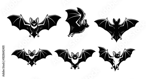 Set of six black bat silhouettes in various flying poses.