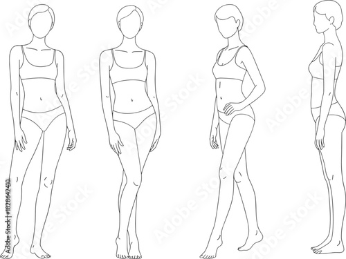 Minimalist Croquis Template Set: Front, Side, and Three-Quarter Views of Female Figure for Fashion Design Technical Flats