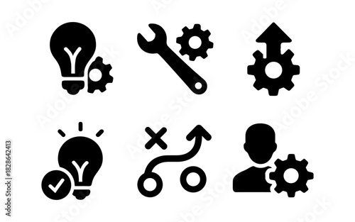 Creative solutions icons: innovation, tools, growth, and strategy in black silhouette