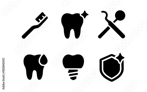 Dental care icons set: toothbrush, tooth, implant, and hygiene tools in silhouette style