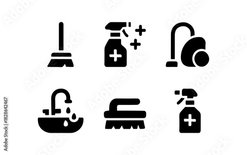 Minimalist cleaning icons set: broom, spray bottle, vacuum, faucet, brush