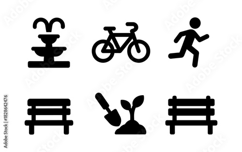 Outdoor park icons: cycling, running, gardening, and relaxation symbols