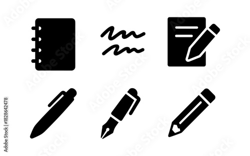 Black and white icons of notebooks and writing tools for digital and print designs