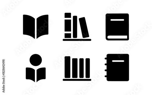 Collection of black book and library icons for modern design projects