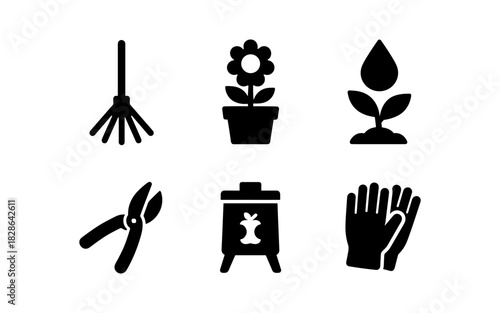 Gardening tools and plant silhouettes on white background for easy identification