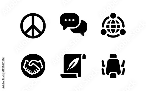 Icon set: peace, communication, global community, collaboration, agreement, contract