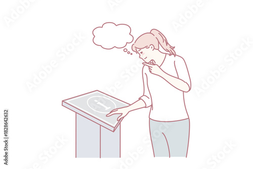Woman looking at information board thinking. Girl consult info table in administration building. Client service concept. Vector illustration.