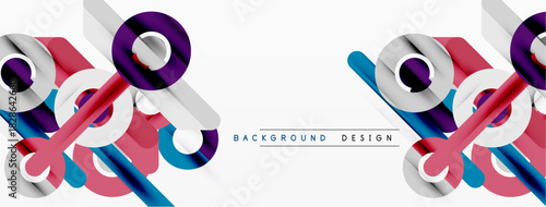 Abstract geometric shapes, vibrant colors, modern design. Overlapping elements create dynamic visual effect. Clean background enhances composition.