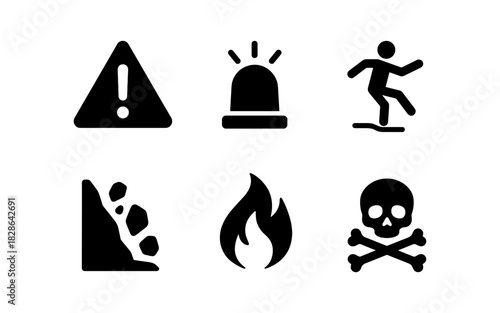 Safety and warning symbol set featuring minimalist black icons