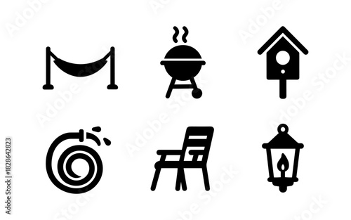 Outdoor icons set: hammock, grill, birdhouse, hose, chair, lantern