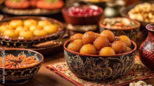 Assorted Indian Sweet Treats Displayed in Traditional Bowls on a Wooden Table for Festive Celebrations and Cultural Gatherings