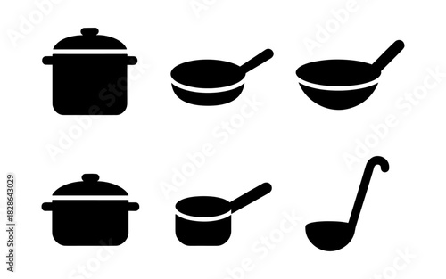 Silhouette kitchenware set featuring pots, pans, and ladles for cooking themes