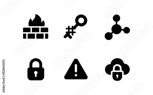 Cybersecurity icons set in minimalist silhouette style featuring firewall, encryption, and cloud security