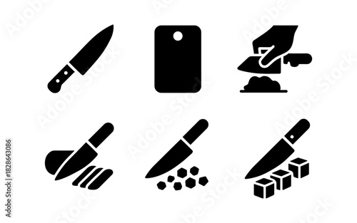 Kitchen knife and cutting board icons: essential tools silhouette set