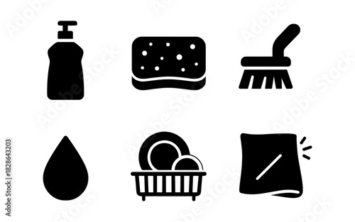 Silhouette cleaning icons: soap, sponge, brush, water droplet, dishes, cloth