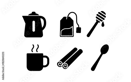Tea time icon set: teapot, teabag, honey dipper, cinnamon, mug, spoon in silhouette style
