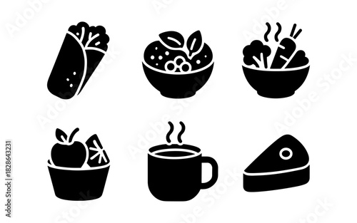 Minimalist food icons set featuring burrito, soup, and coffee