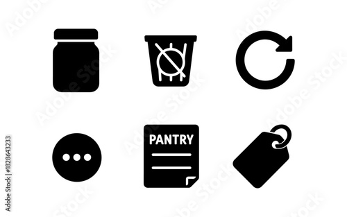 Minimalist black icons set: jar, trash bin, refresh, dots, pantry list, tag