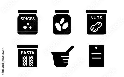 Kitchen pantry icons set: minimalistic black silhouette designs of jars and containers