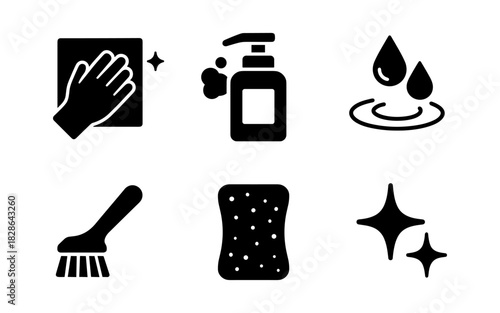 Cleaning icons collection: hygiene supplies and tools in simple silhouette style
