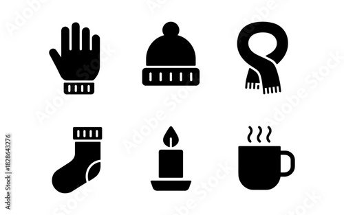 Winter essentials in minimal black icons: gloves, hat, scarf, socks, candle, and mug