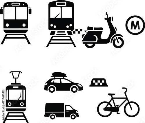Various modes of transport, including train and bicycle