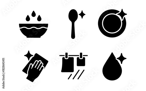 Simple black dishwashing icons set for cleaning and hygiene