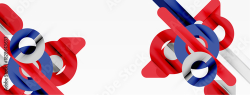 Abstract geometric shapes, red, blue, white. Minimalist design, clean lines, modern aesthetic. Composition features intersecting cylinders, dynamic arrangement.