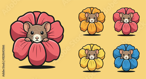 Mouse peeking from flower petals in various colors