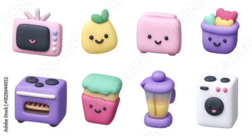 Cute 3D Style Soft Clay Home Appliance Icons Set on Transparent Background