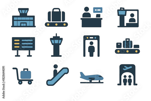 Set vector gate airport icon flight belt trolley taxiing icons tower control