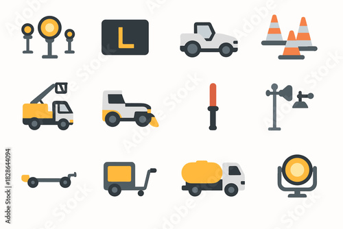 Sweeper generator aircraft weather icons runway taxiway signal vector cone truck equipment
