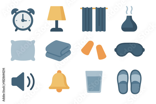 Night bedside aroma glass essentials icon sleep earplugs diffuser icons blanket gentle