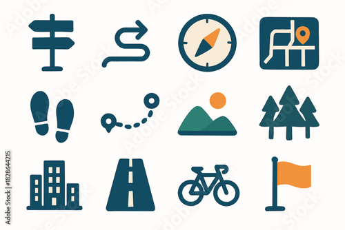 Map signpost icons path wayfinding footstep forest car vector icon road minimalist