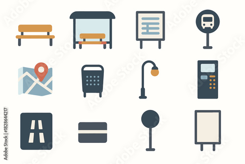 Machine icon trash map timetable board minimalist sign shelter vector stop road