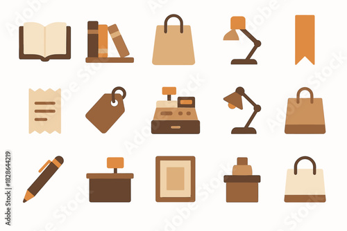 Bookstore register set bag paper pen icon bookmark reading cash counter vector
