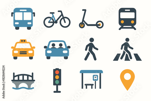 Vector commuting icons taxi stop light city bus carpool icon bridge pin