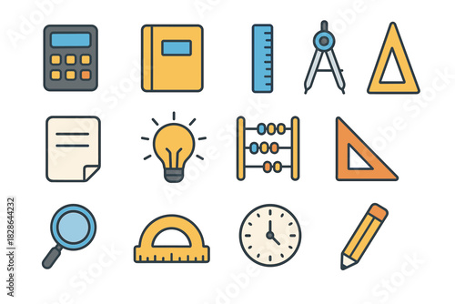 Calculator education magnifier bulb vector clock set notebook compass protractor icon pencil