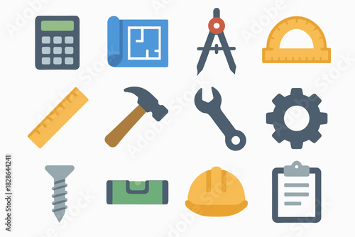 Hat icons protractor tools engineering ruler blueprint compass clipboard level hard vector