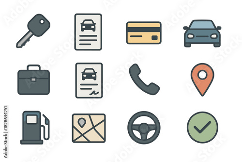 Rental mark icons pin key car vector icon steering map check suitcase