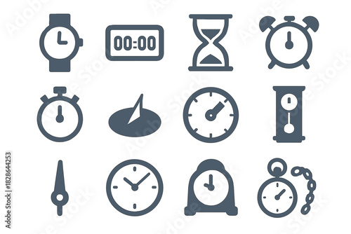Timekeeping icons clock collection pendulum pocket alarm vector stopwatch timer chain hand