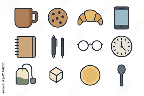 Cube pen icon vector icons glasses bag sugar croissant break cookie spoon