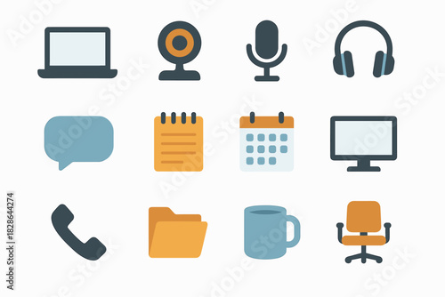 Folder laptop icon microphone mug calendar vector webcam online chat notepad icons