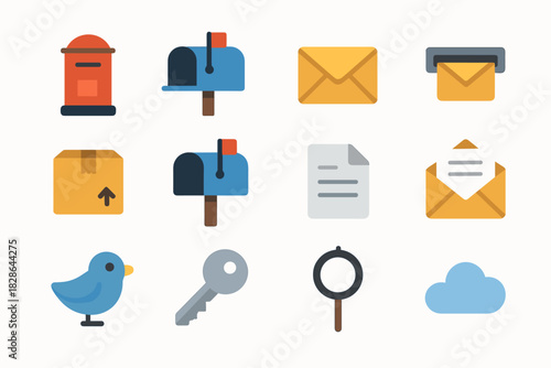 Open mailbox set mail sign vector icon envelope parcel post bird flag