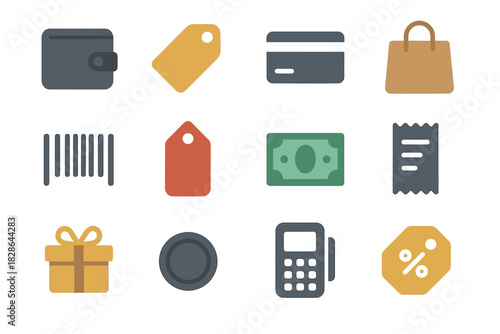 Icon discount receipt bag shopping machine vector credit wallet set barcode coin