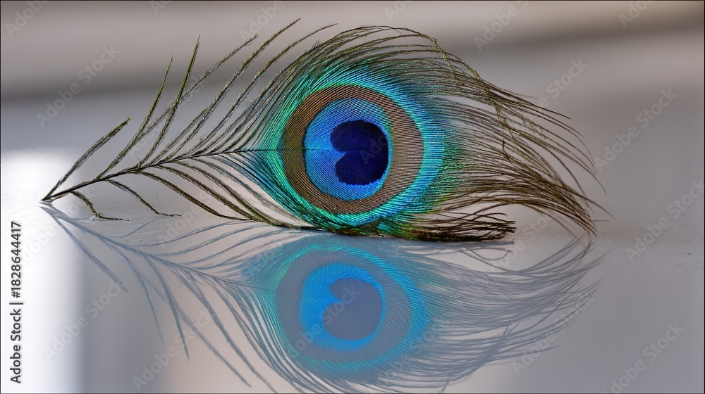 Obraz premium peacock. A close-up of a peacock feather against a mirrored surface with iridescent blue-green tones. wildlife magazines, conservation campaigns, designed for wildlife conservation campaigns.