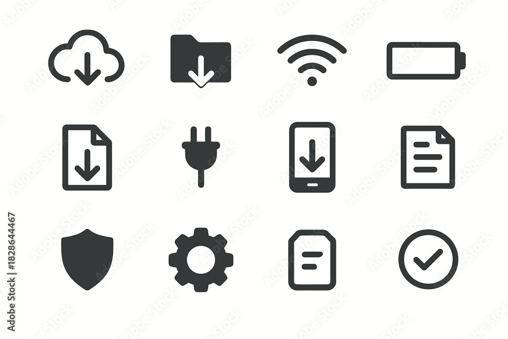 Fototapeta premium Minimalist checkmark shield down plug folder device file icon vector collection cloud