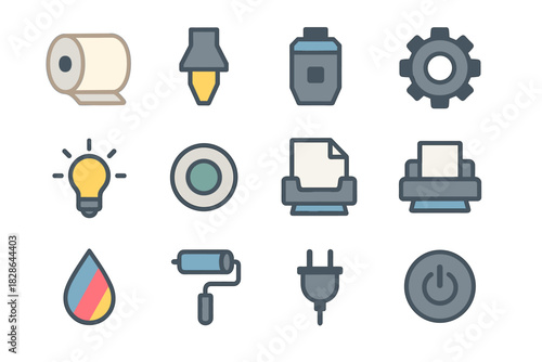 Gear vector icons process roller switch roll cartridge icon paper nozzle power